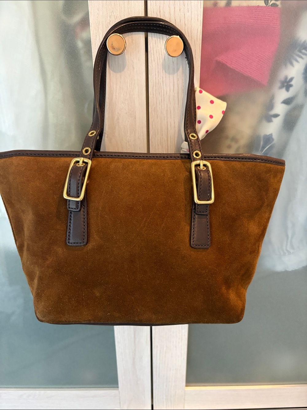 Coach Brown Suede Satchel with Gold Chain and Polka Dot Scarf - Picture 7 of 9